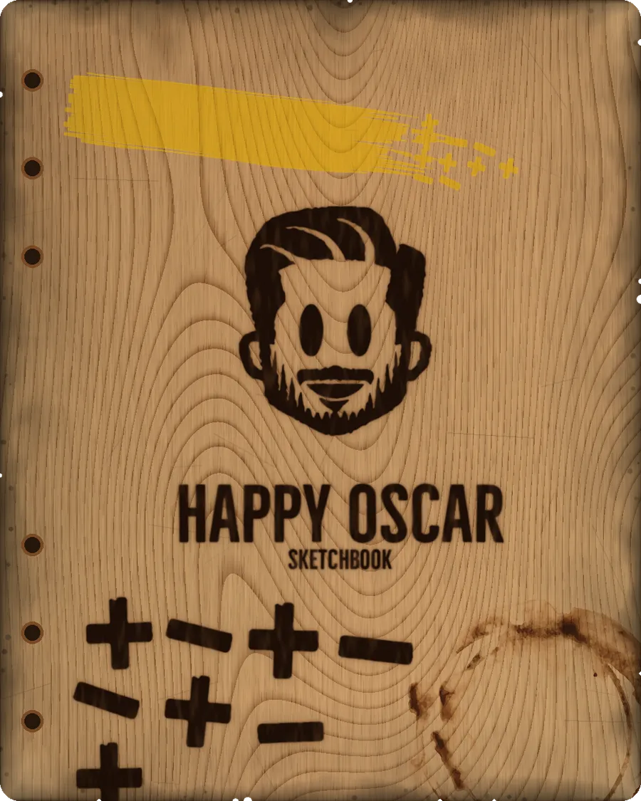 Wooden sketchbook cover with the Happy Oscar face burned in, the +/– pattern stamped on, a swipe of yellow paint and a coffee ring
