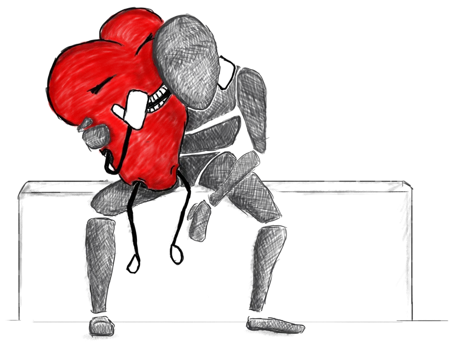 A wooden figure sits on a bench hugging a big red heart